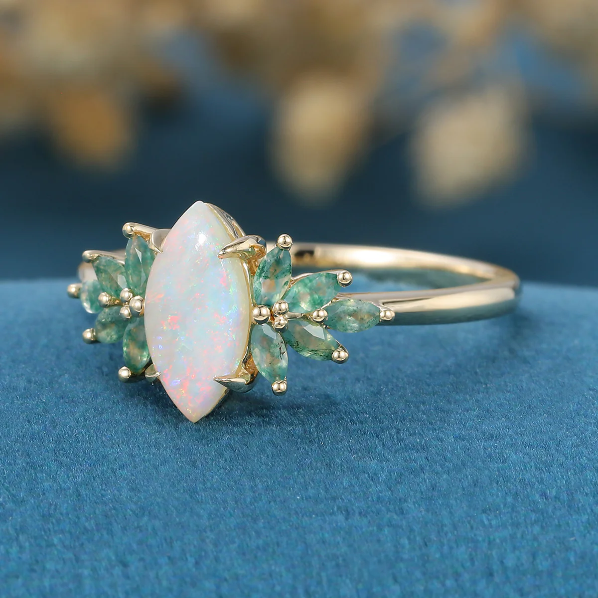 Marquise cut Opal Cluster Moss Agate Engagement Ring - Image 4
