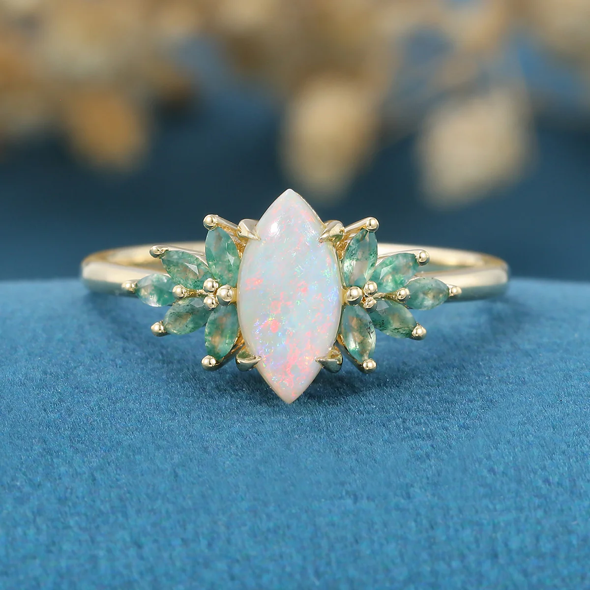 Marquise cut Opal Cluster Moss Agate Engagement Ring - Image 6