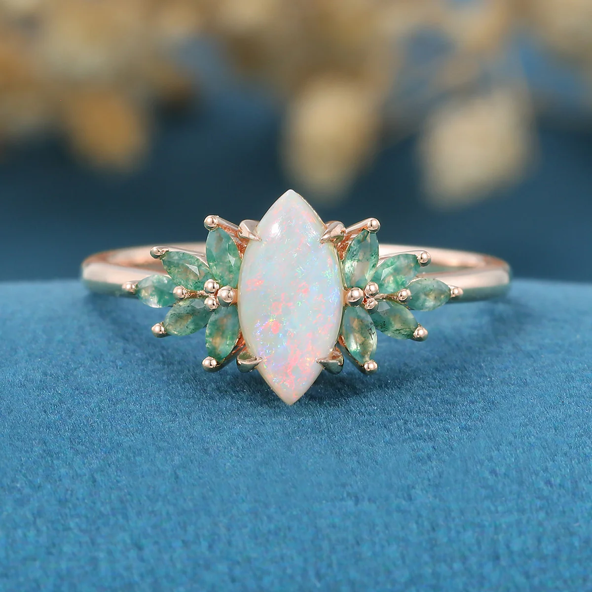 Marquise cut Opal Cluster Moss Agate Engagement Ring - Image 7