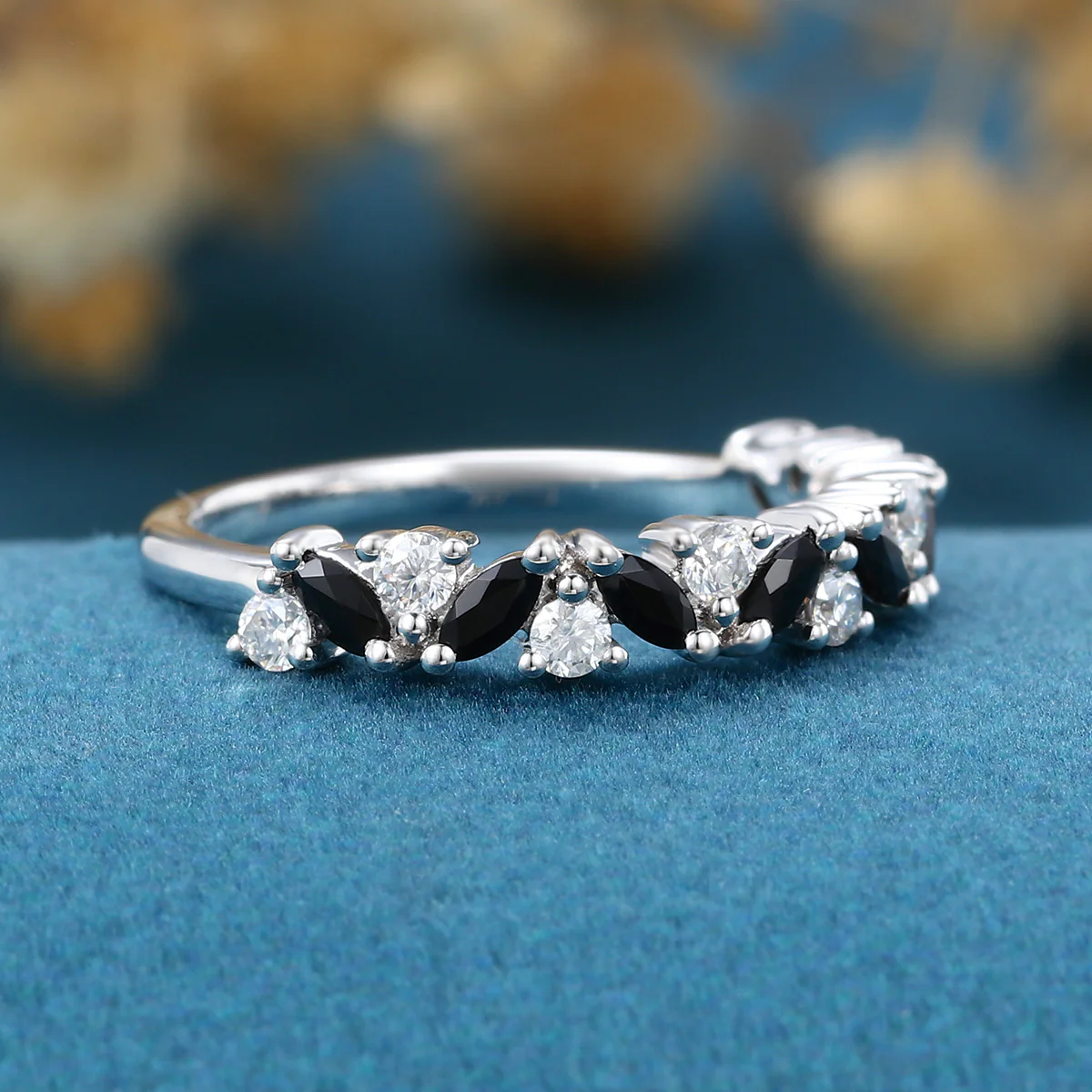 Black Onyx Matching Moissanite | Diamond Half Eternity Wedding Band - Image 4
