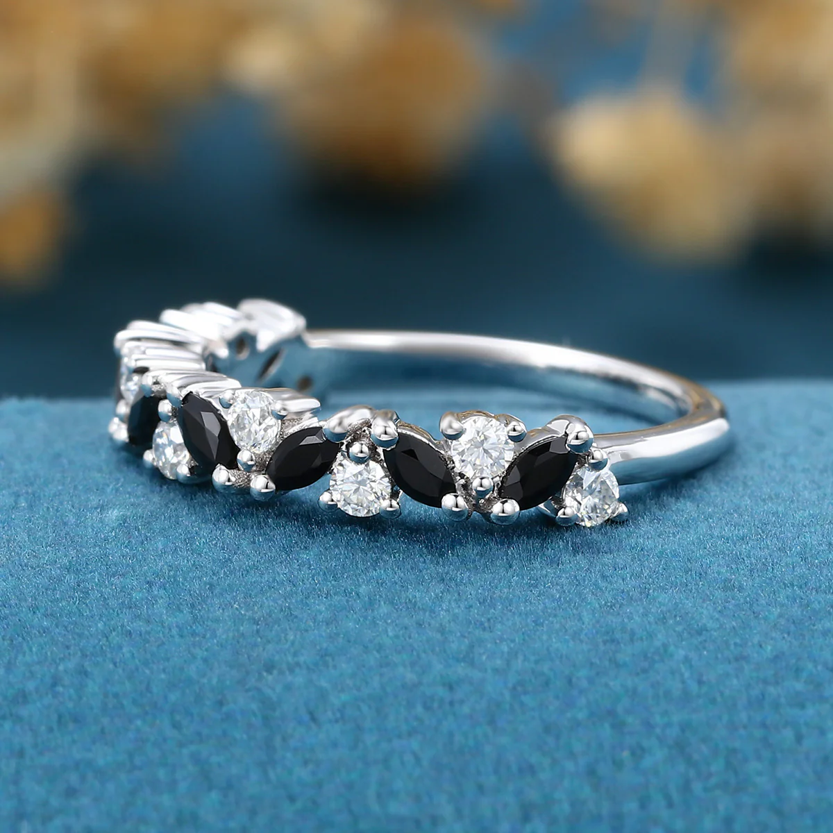 Black Onyx Matching Moissanite | Diamond Half Eternity Wedding Band - Image 5