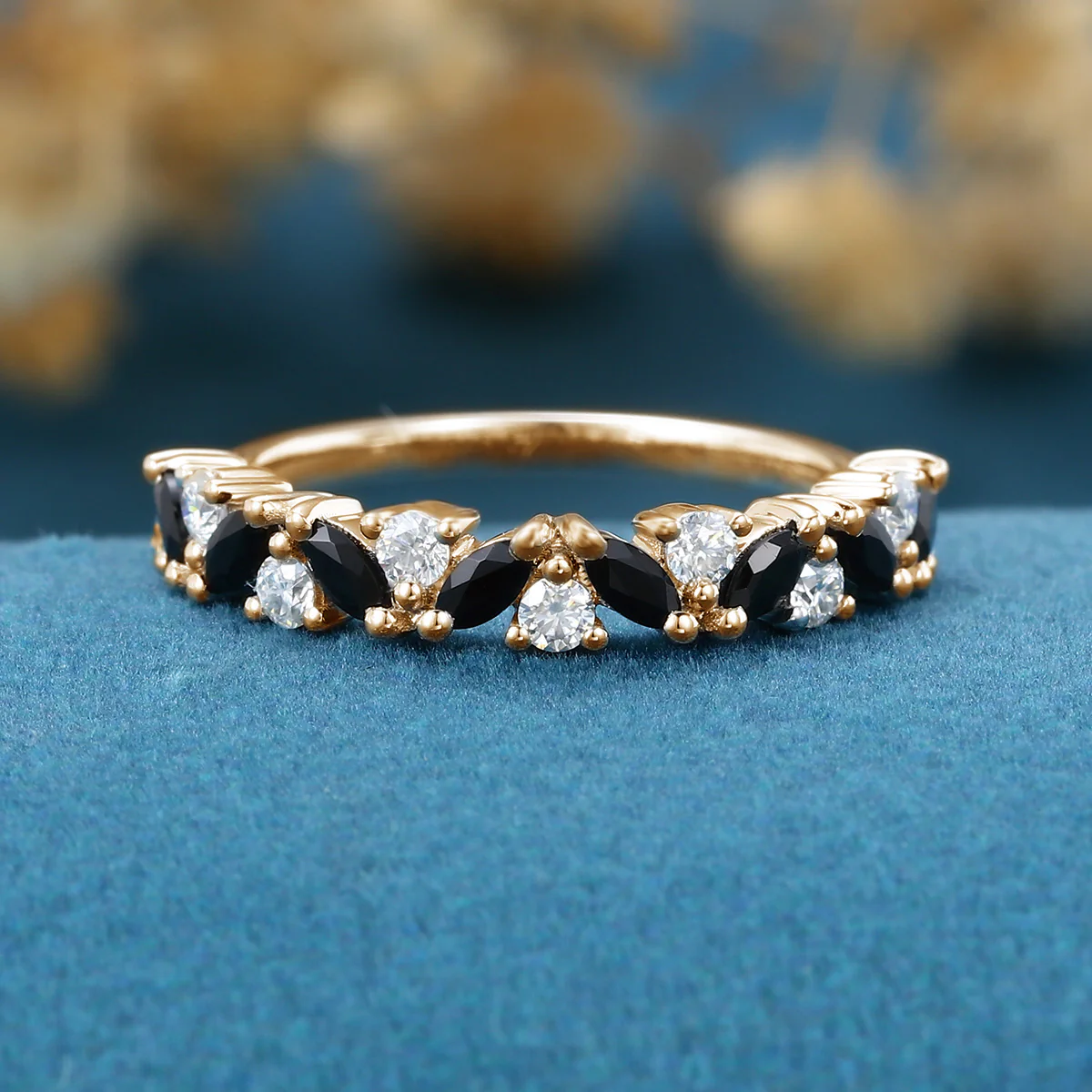 Black Onyx Matching Moissanite | Diamond Half Eternity Wedding Band - Image 7