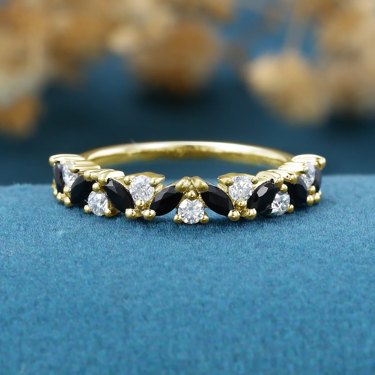 Black Onyx Matching Moissanite | Diamond Half Eternity Wedding Band - Image 8