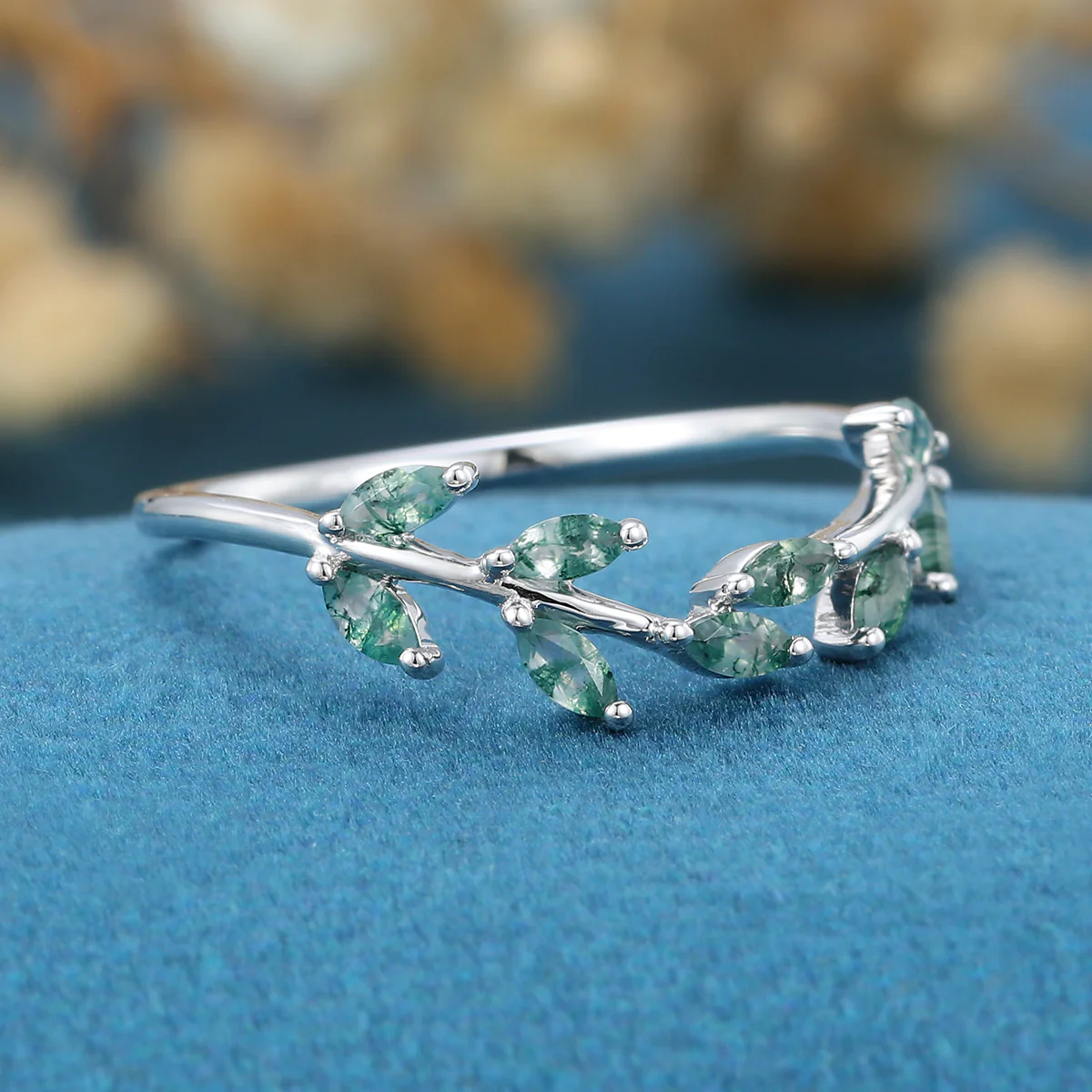 Marquise cut Moss Agate Curved Wedding Band - Image 3