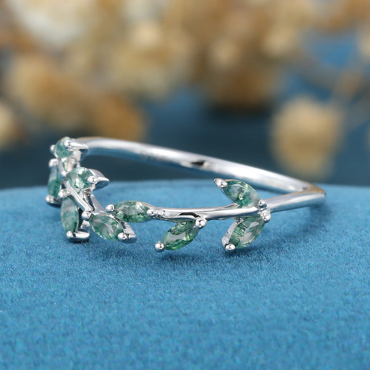 Marquise cut Moss Agate Curved Wedding Band - Image 4