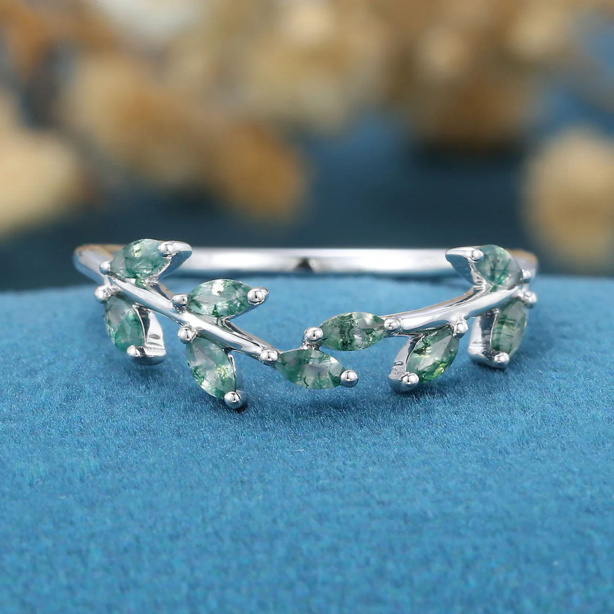 Marquise cut Moss Agate Curved Wedding Band - Image 6