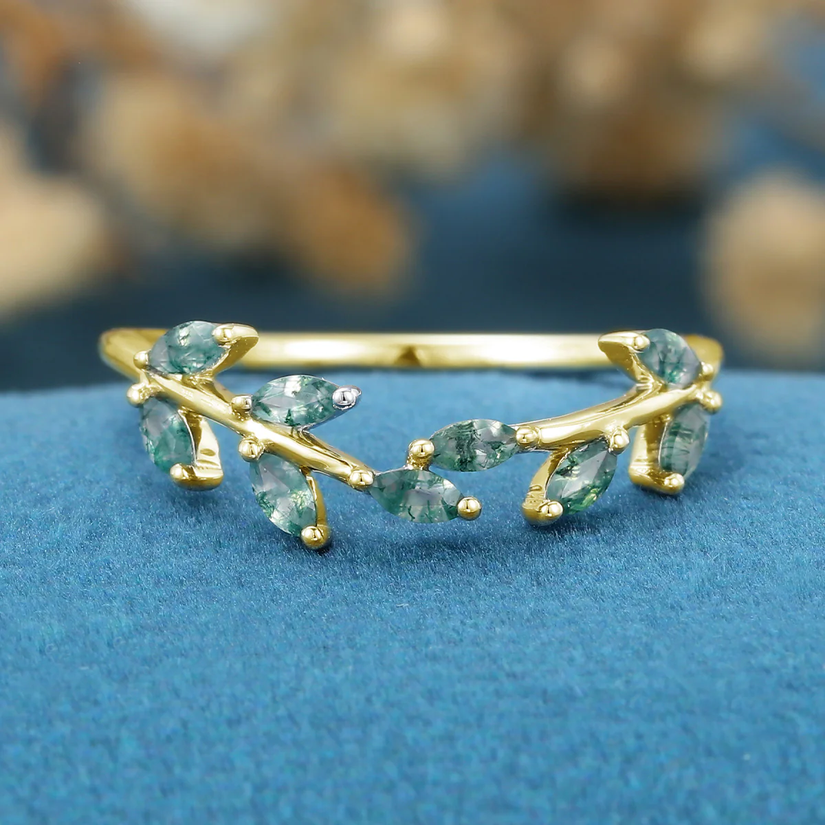 Marquise cut Moss Agate Curved Wedding Band - Image 7
