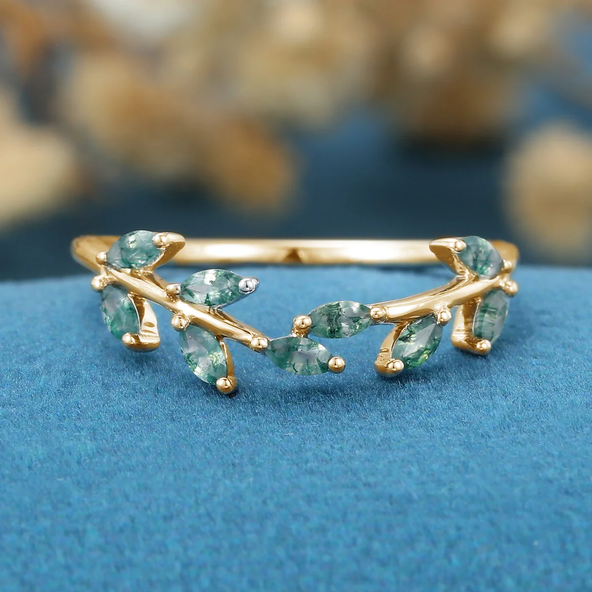 Marquise cut Moss Agate Curved Wedding Band - Image 8