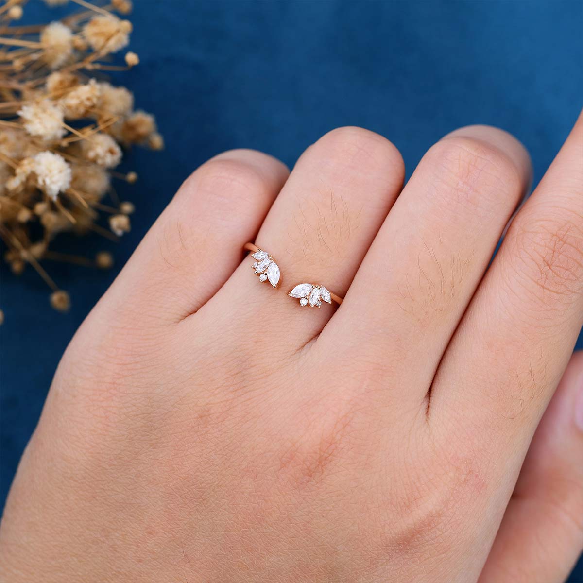 Marquise cut Moissanite | Diamond Rose gold Curved Open Wedding Band - Image 2