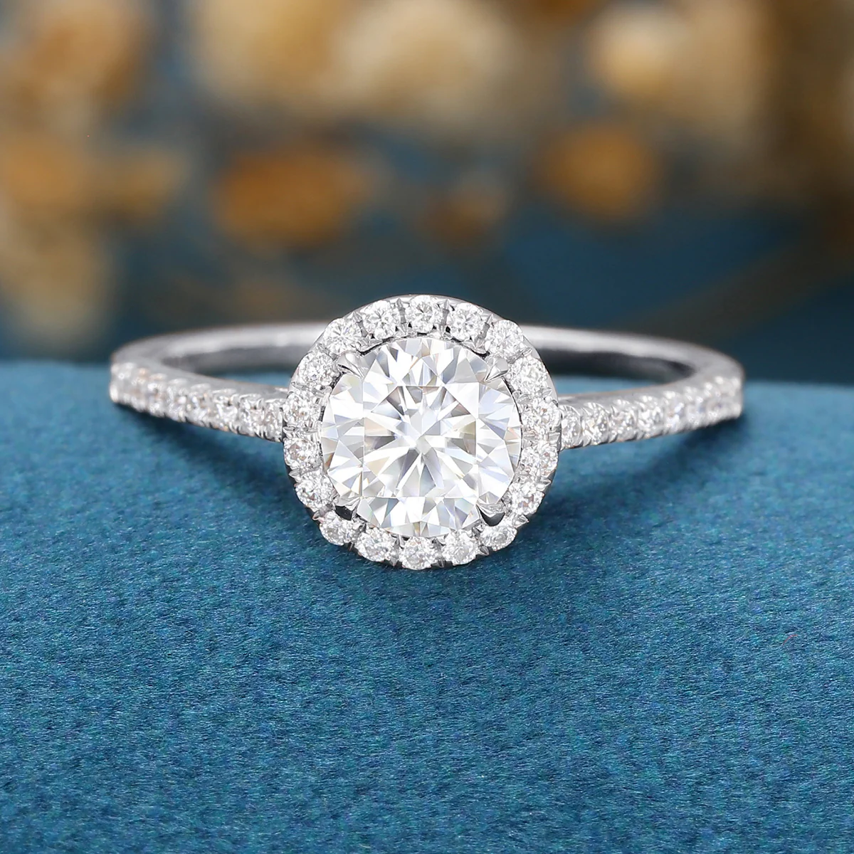 Round cut Halo Moissanite Half Eternity Engagement Ring - Image 10