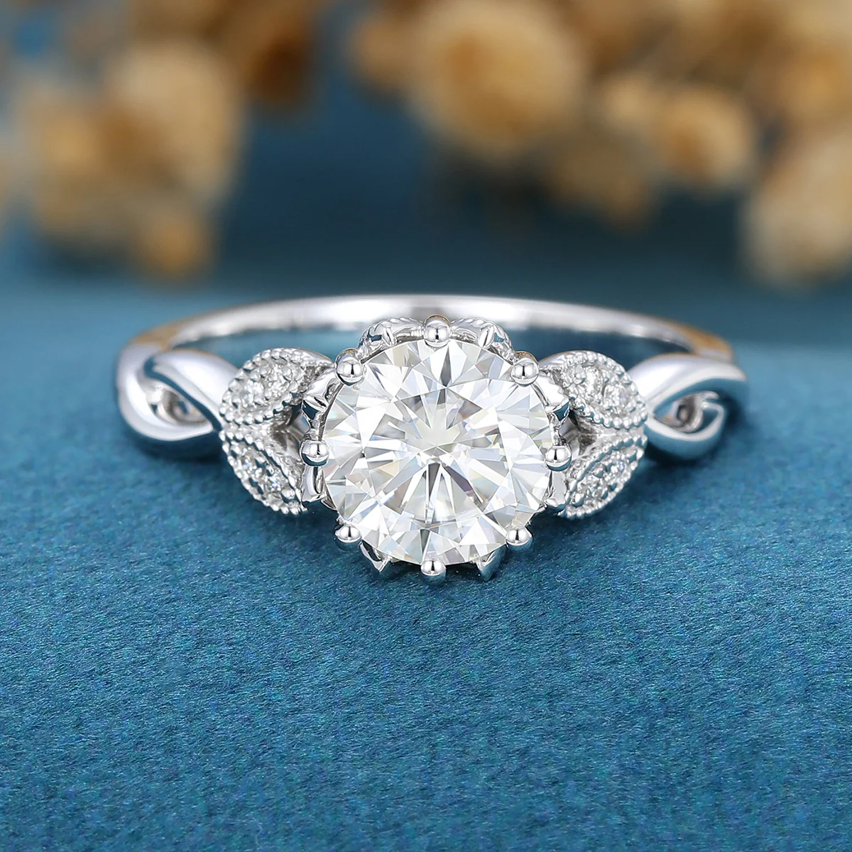 1.2Carat Round cut Moissanite Flower Engagement Ring - Image 3