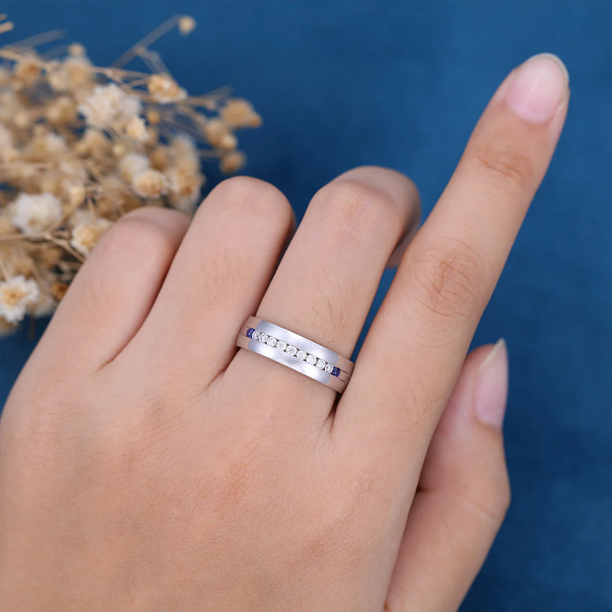 Moissanite | Natural Sapphire  Wedding (Anniversary)Band - Image 2