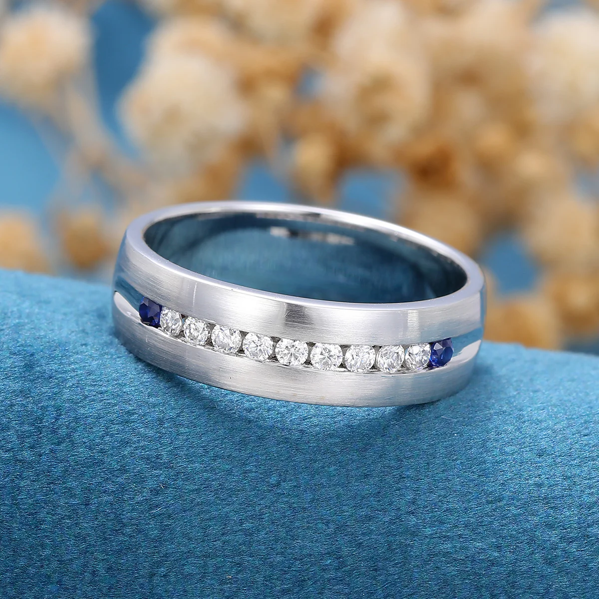 Moissanite | Natural Sapphire  Wedding (Anniversary)Band - Image 3