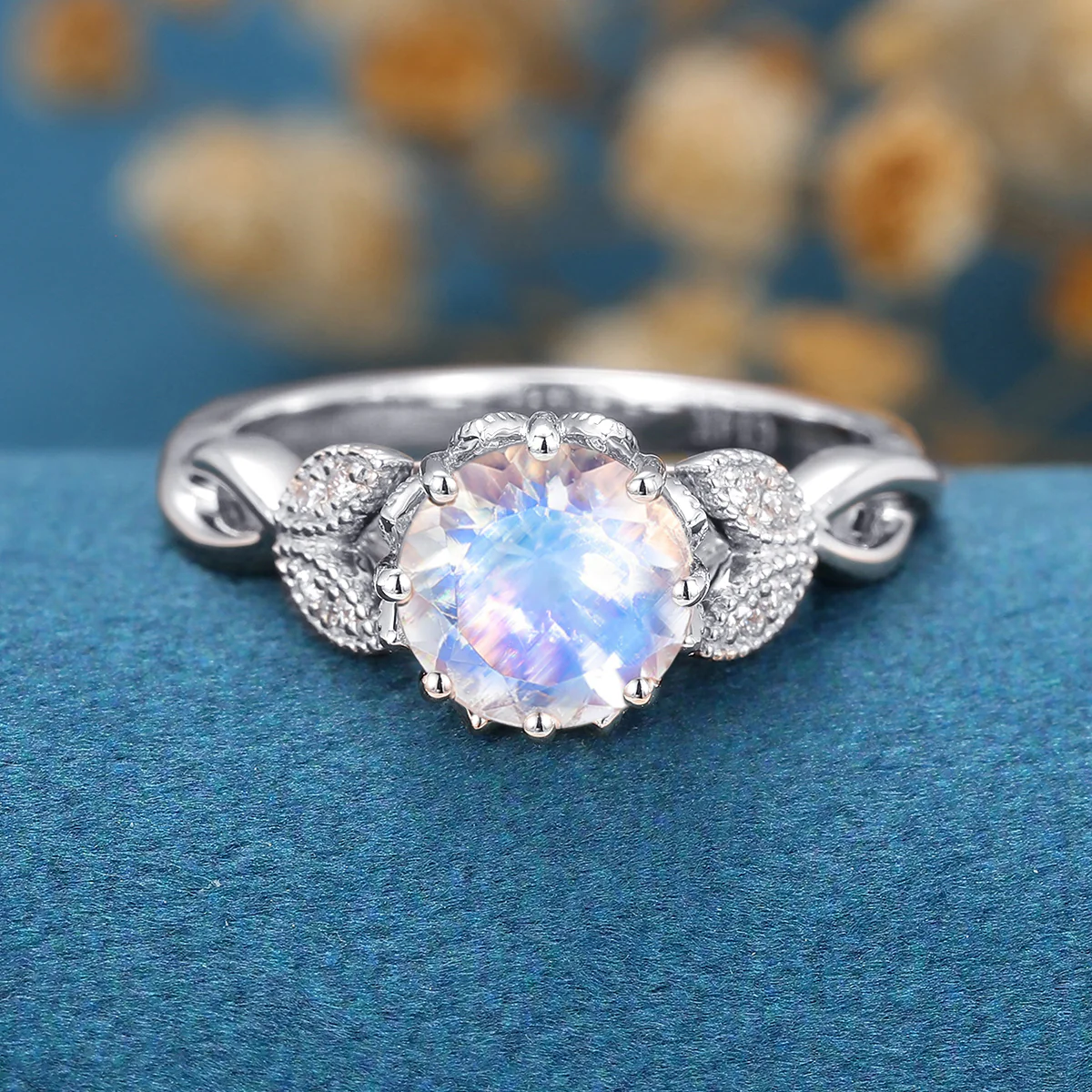 1.5 Carat Round cut Moonstone Flower Engagement Ring - Image 10