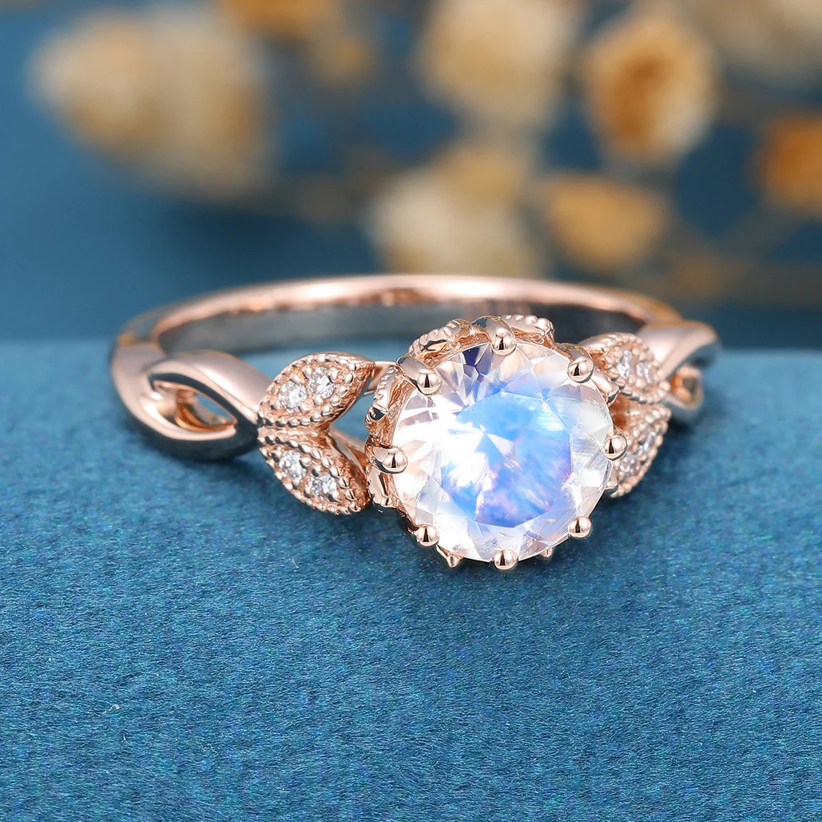 1.5 Carat Round cut Moonstone Flower Engagement Ring - Image 7
