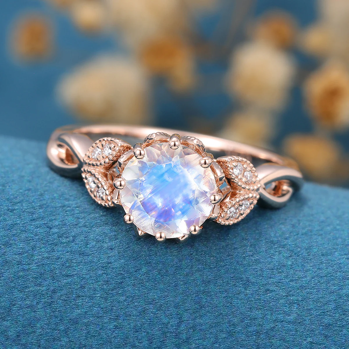1.5 Carat Round cut Moonstone Flower Engagement Ring - Image 8