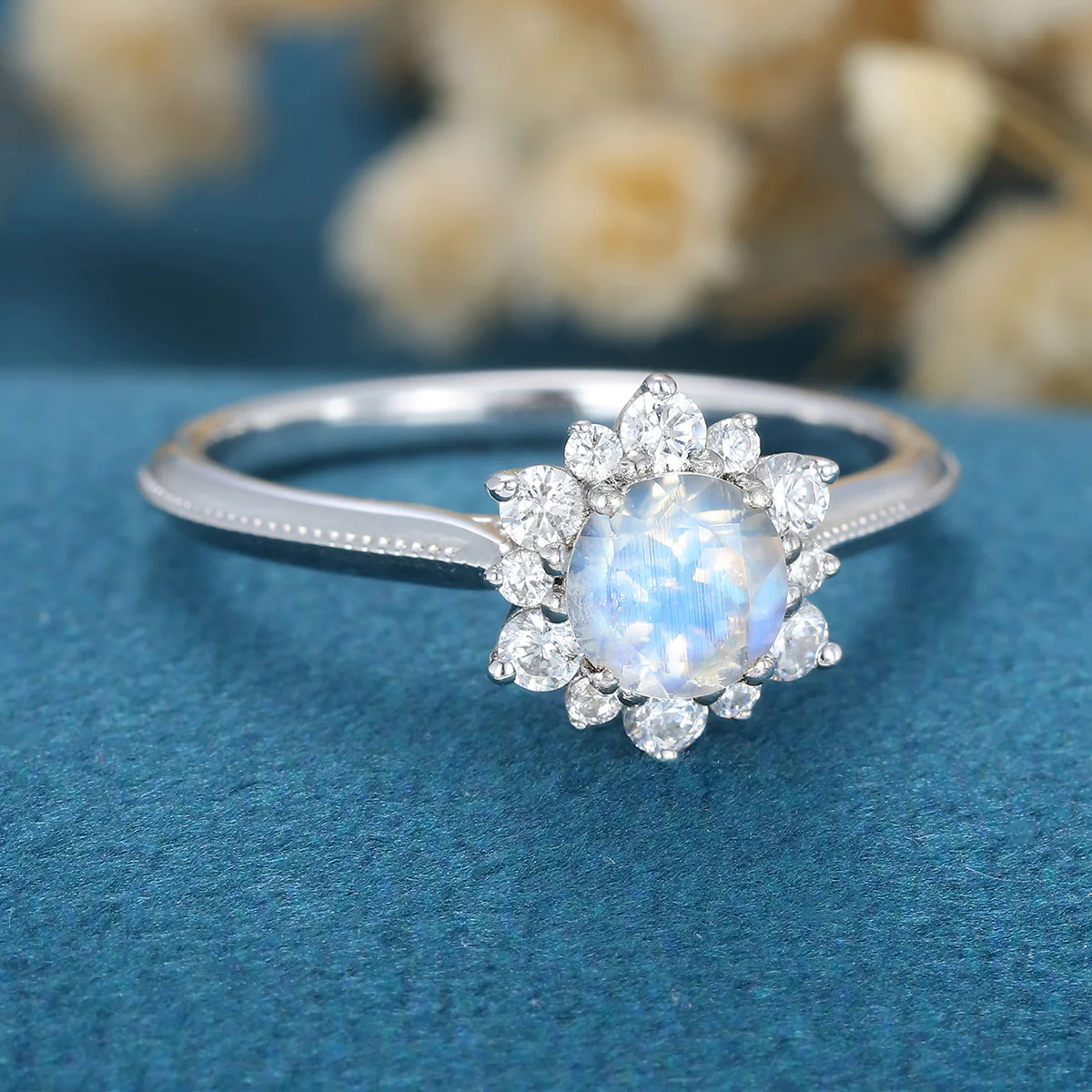 5mm Round cut Moonstone Flower Halo Engagement ring - Image 4