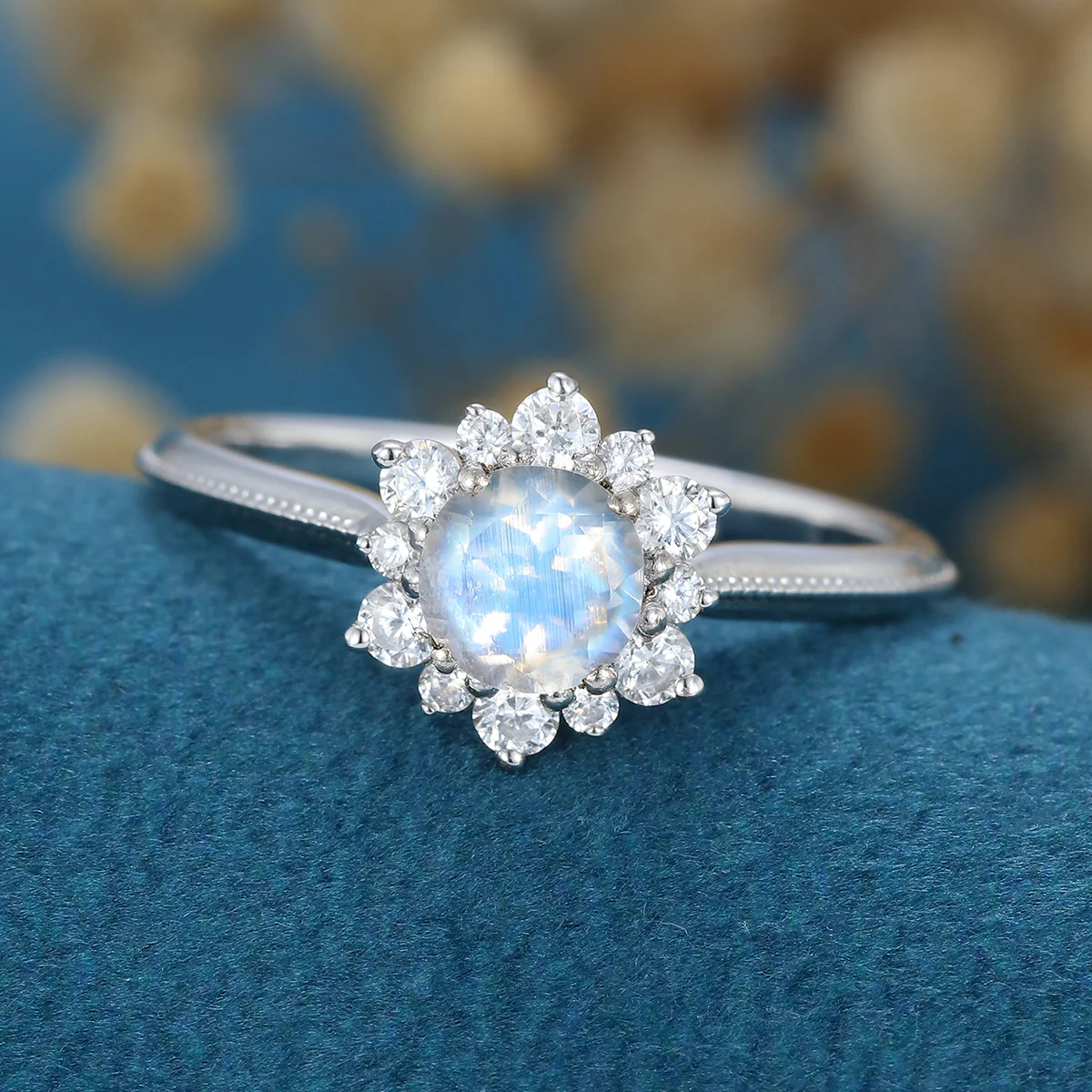 5mm Round cut Moonstone Flower Halo Engagement ring - Image 5