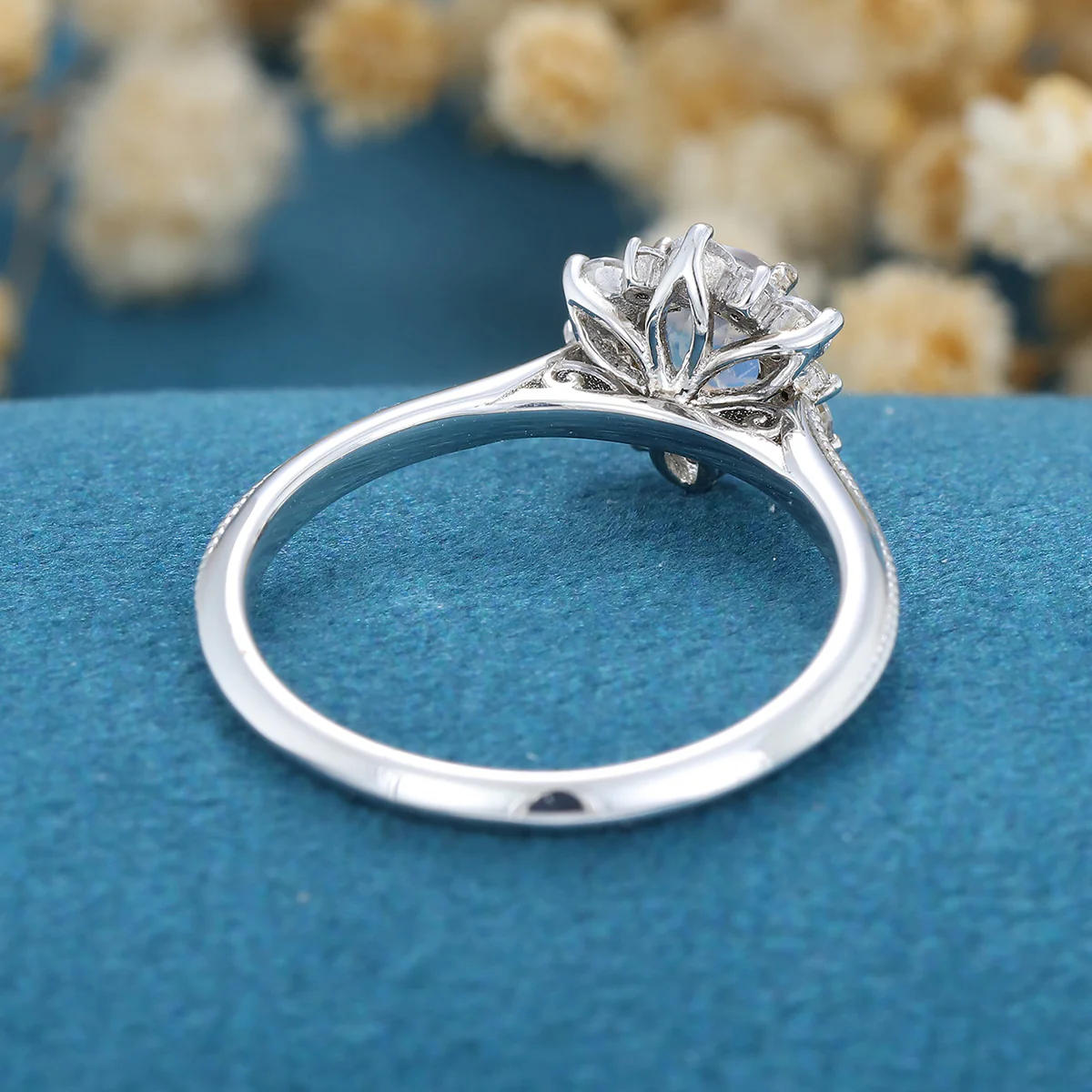 5mm Round cut Moonstone Flower Halo Engagement ring - Image 6