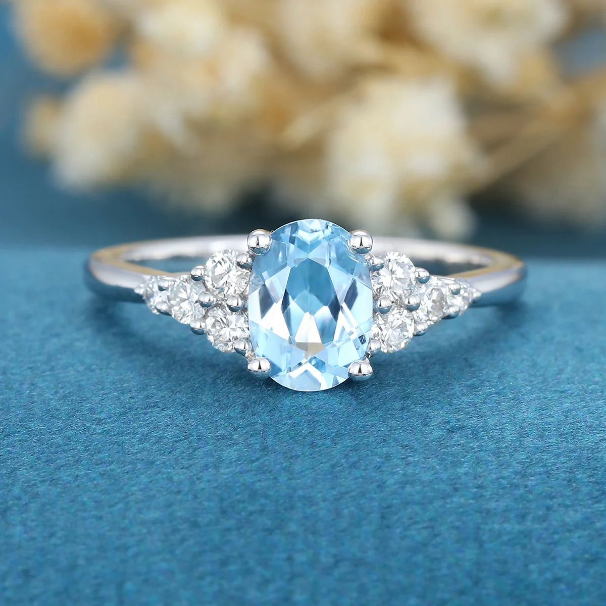 1.0Carat Oval cut Moonstone Cluster Engagement Ring - Image 7