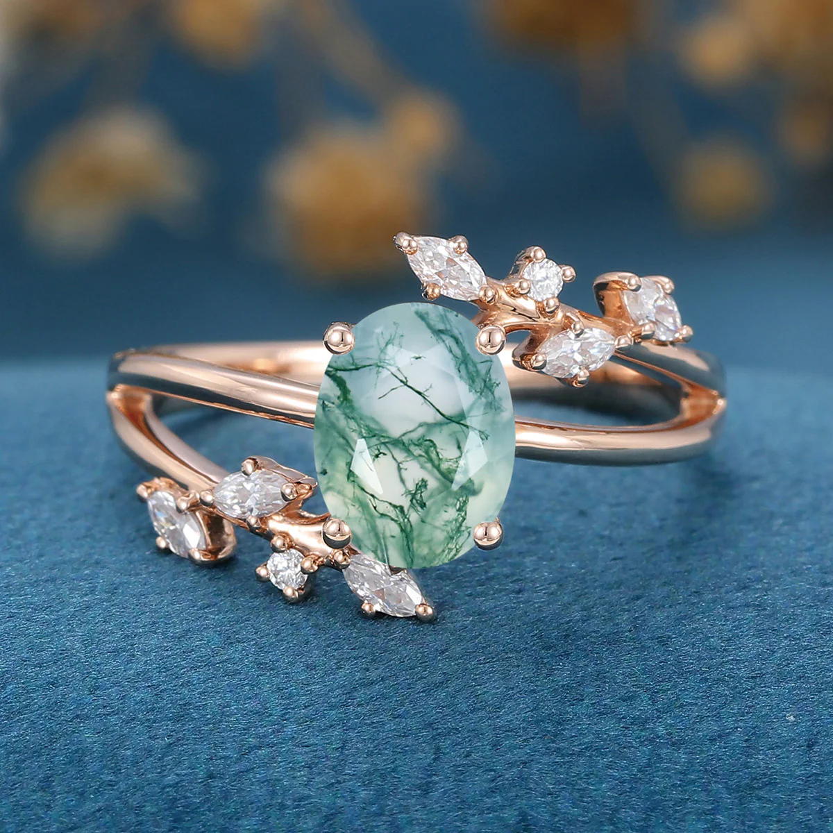 Natural Green Moss Agate Oval cut cluster Engagement Ring - Image 3