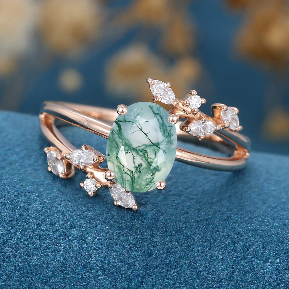 Natural Green Moss Agate Oval cut cluster Engagement Ring - Image 4