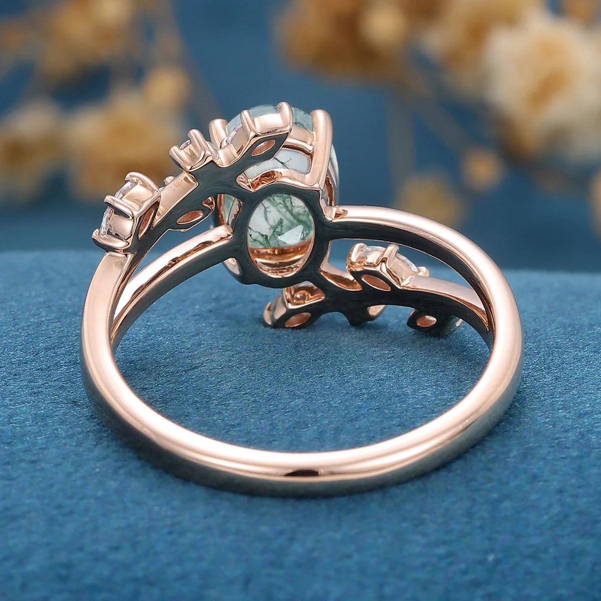 Natural Green Moss Agate Oval cut cluster Engagement Ring - Image 5