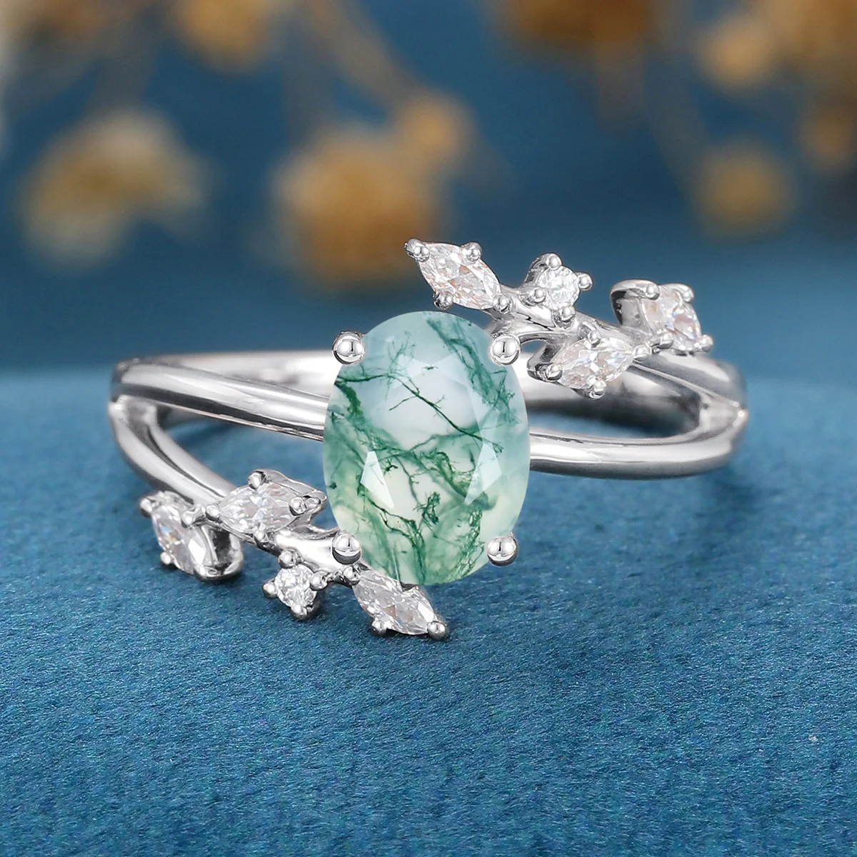 Natural Green Moss Agate Oval cut cluster Engagement Ring - Image 6