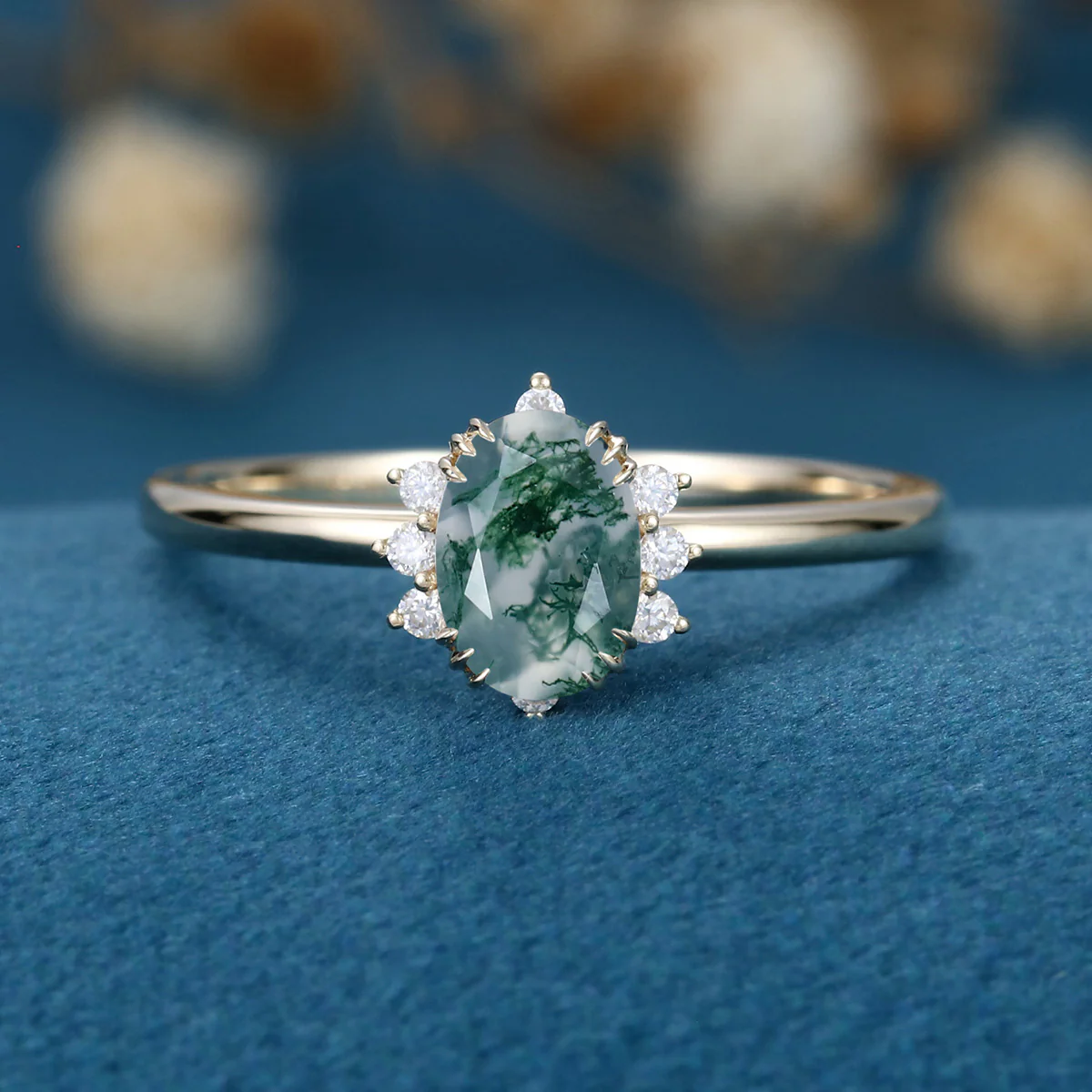 Natural Green Moss Agate Oval cut cluster Engagement Ring - Image 4