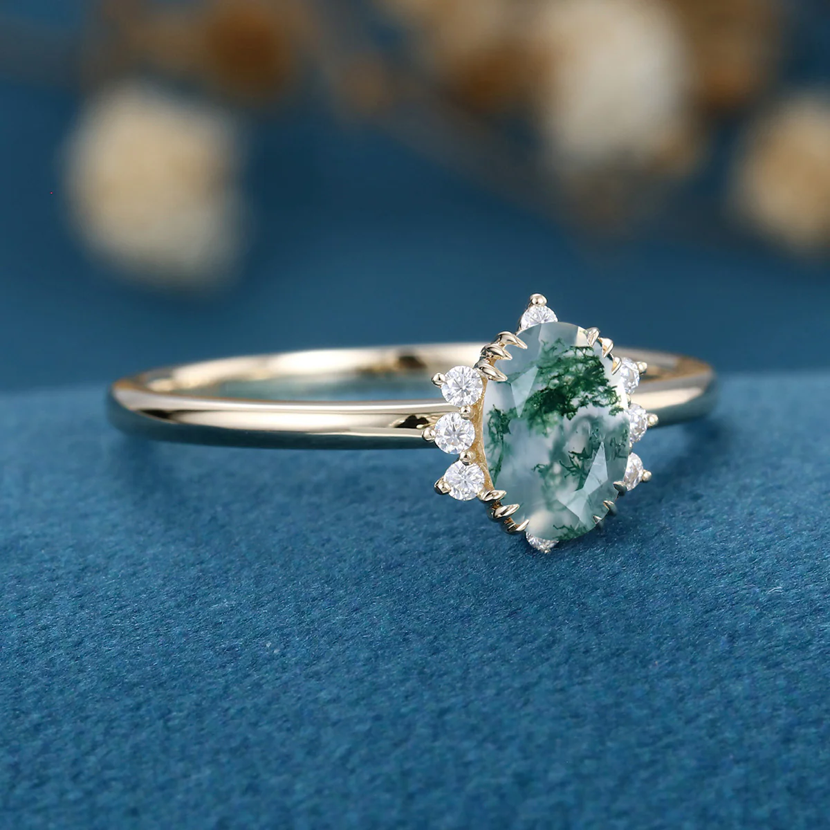 Natural Green Moss Agate Oval cut cluster Engagement Ring - Image 5
