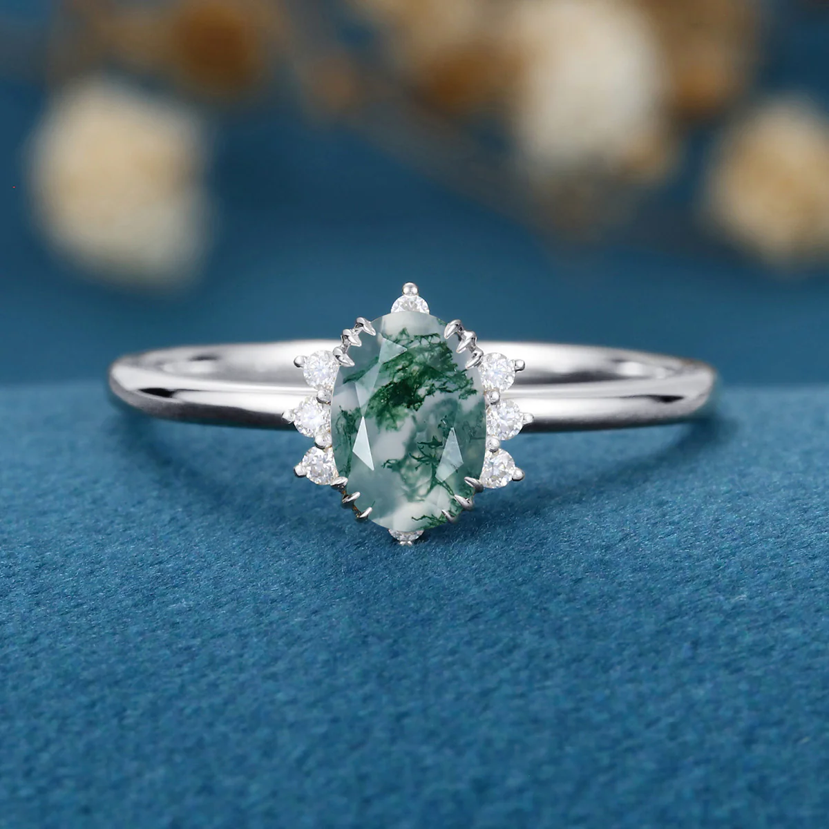 Natural Green Moss Agate Oval cut cluster Engagement Ring - Image 8