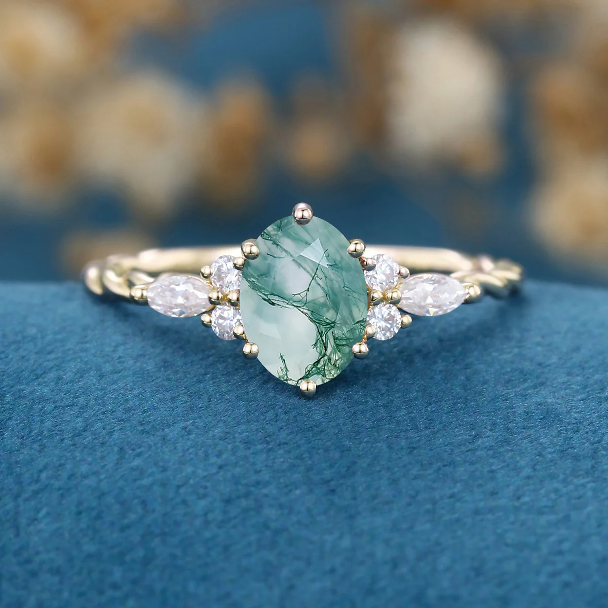 Natural Green Moss Agate Oval cut cluster Engagement Ring - Image 8