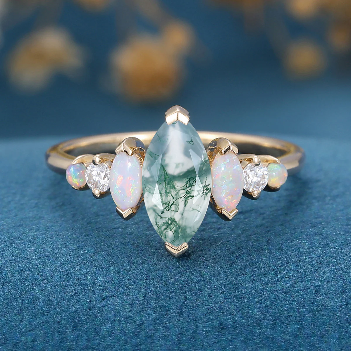 Marquise Cut Natural Moss Agate  Cluster Engagement ring - Image 10