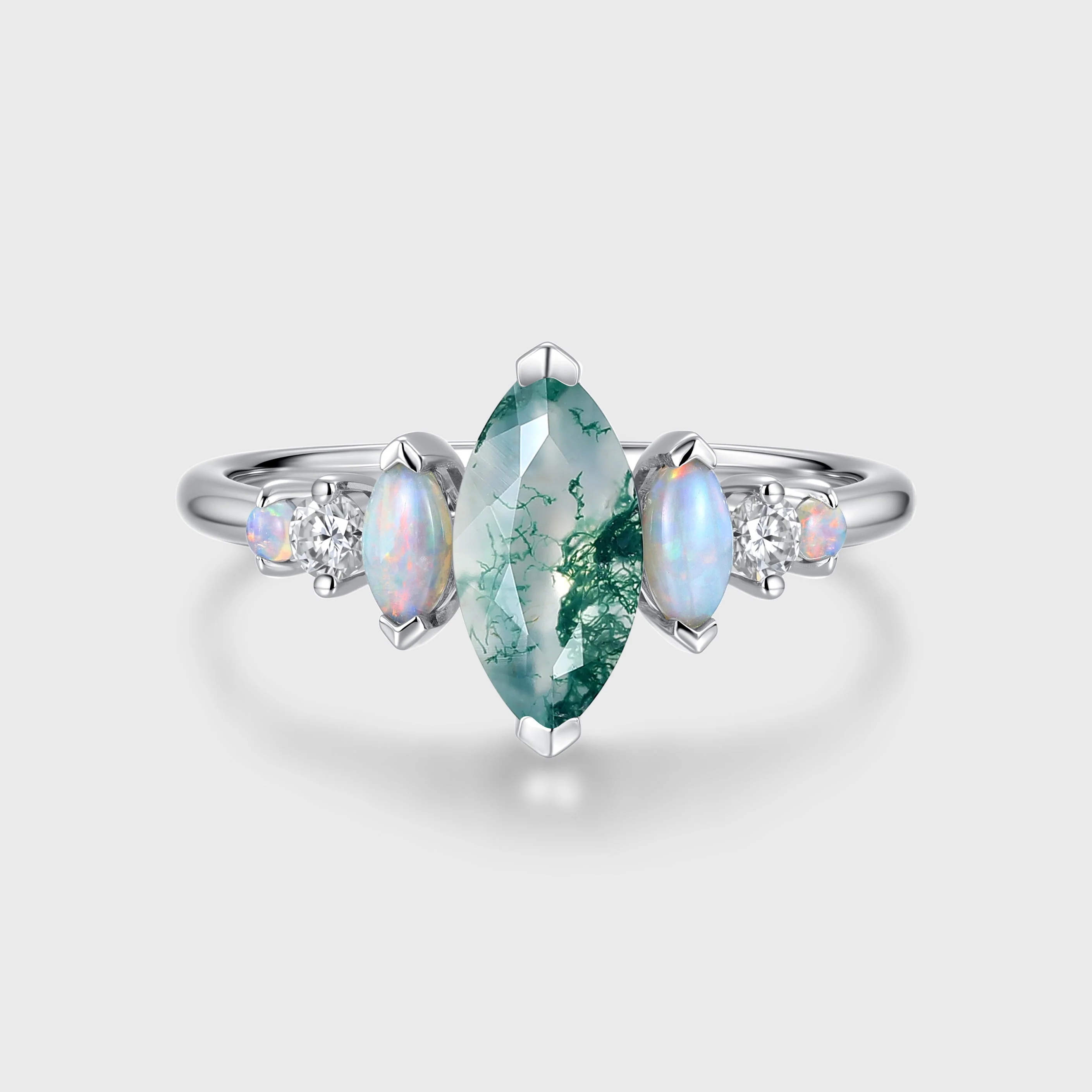 Marquise Cut Natural Moss Agate  Cluster Engagement ring - Image 3