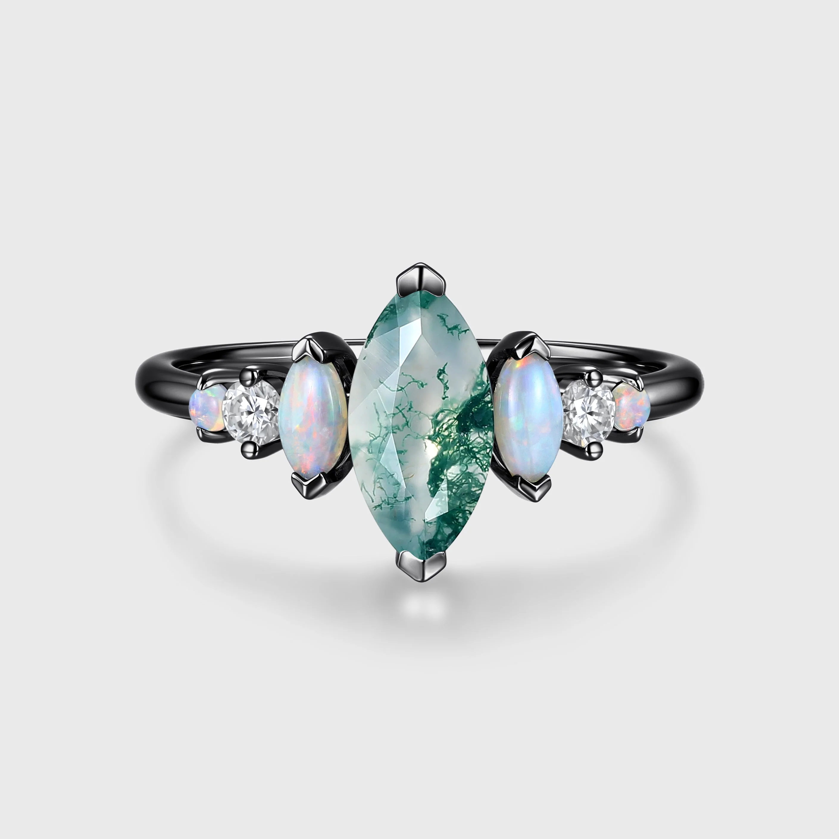 Marquise Cut Natural Moss Agate  Cluster Engagement ring - Image 4
