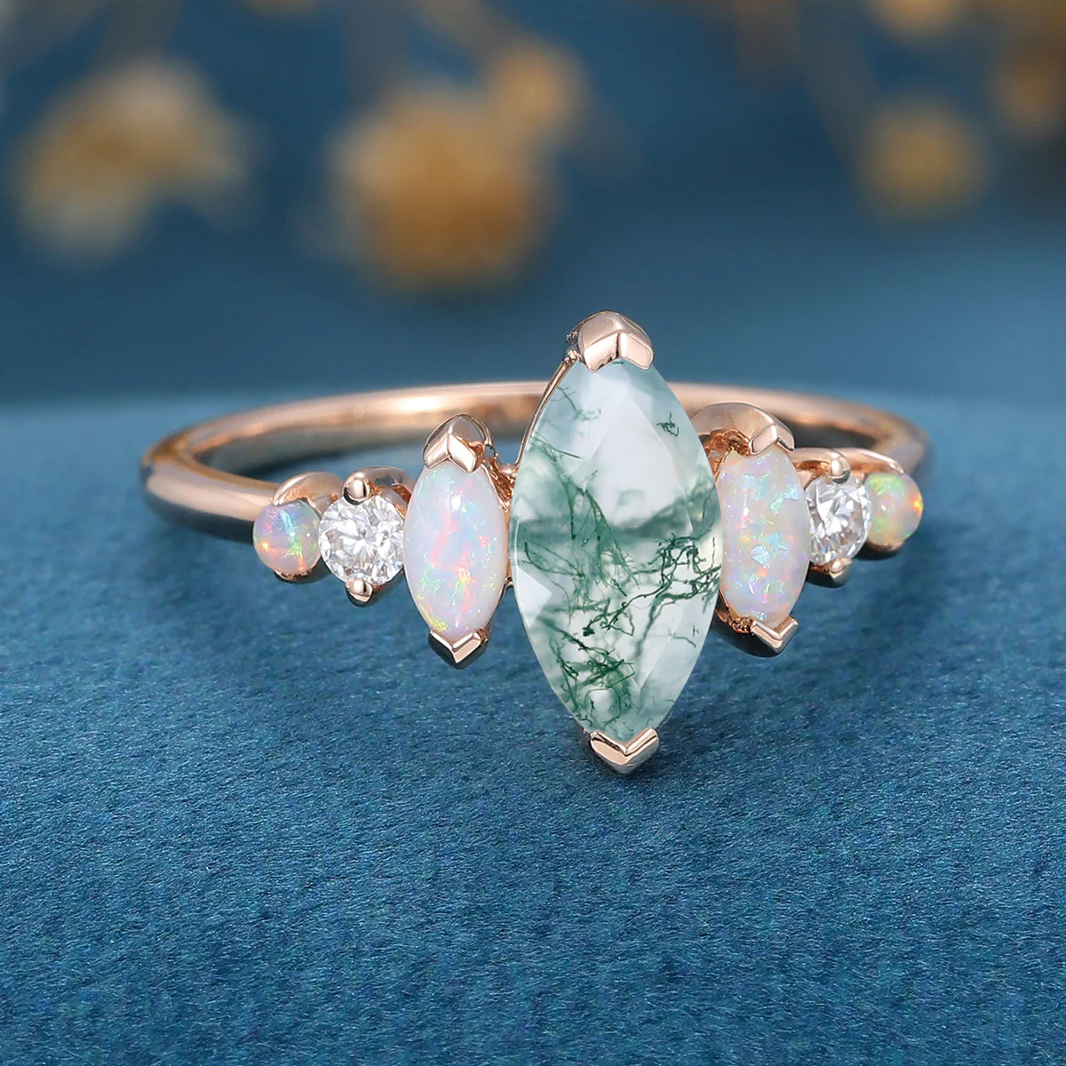 Marquise Cut Natural Moss Agate  Cluster Engagement ring - Image 5