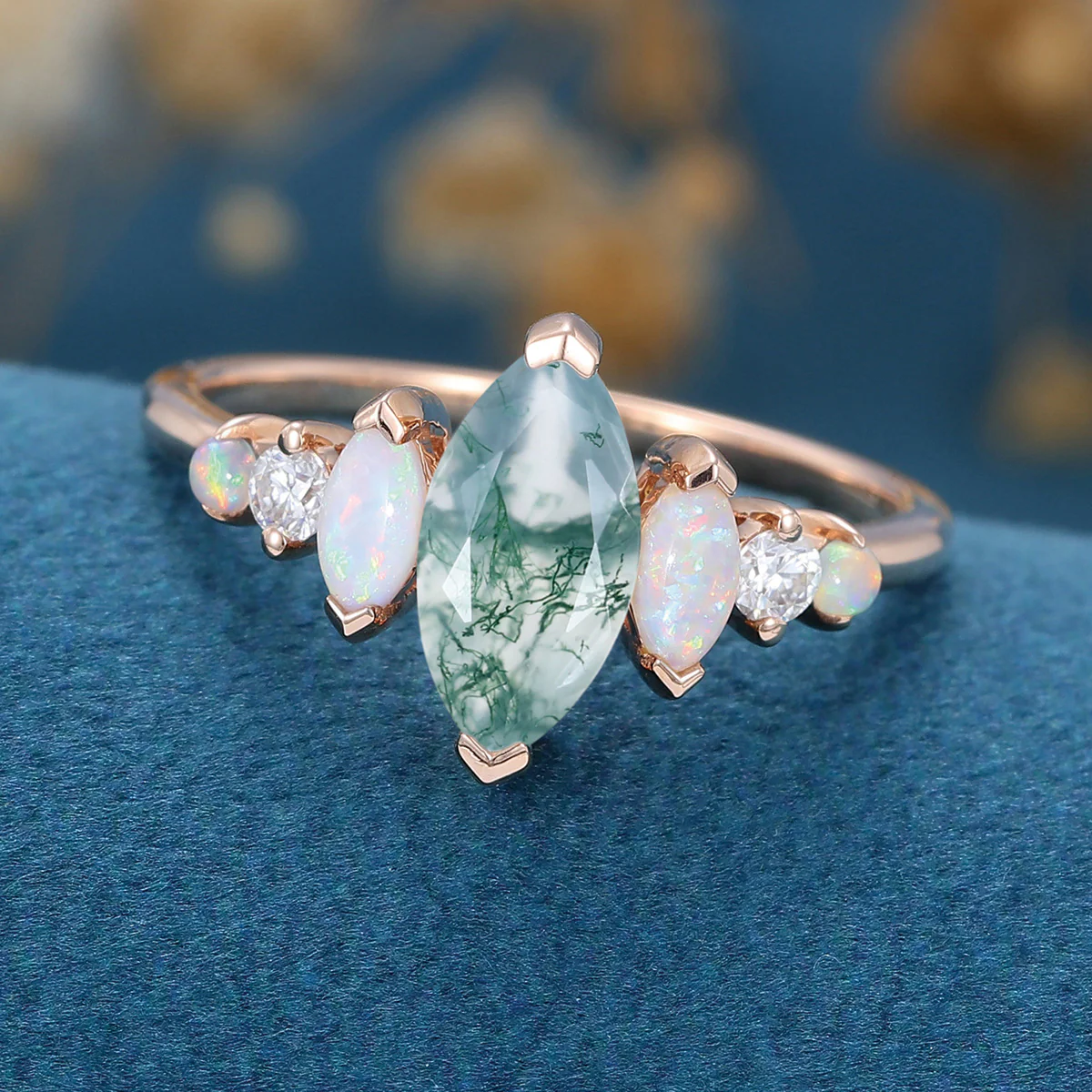 Marquise Cut Natural Moss Agate  Cluster Engagement ring - Image 6