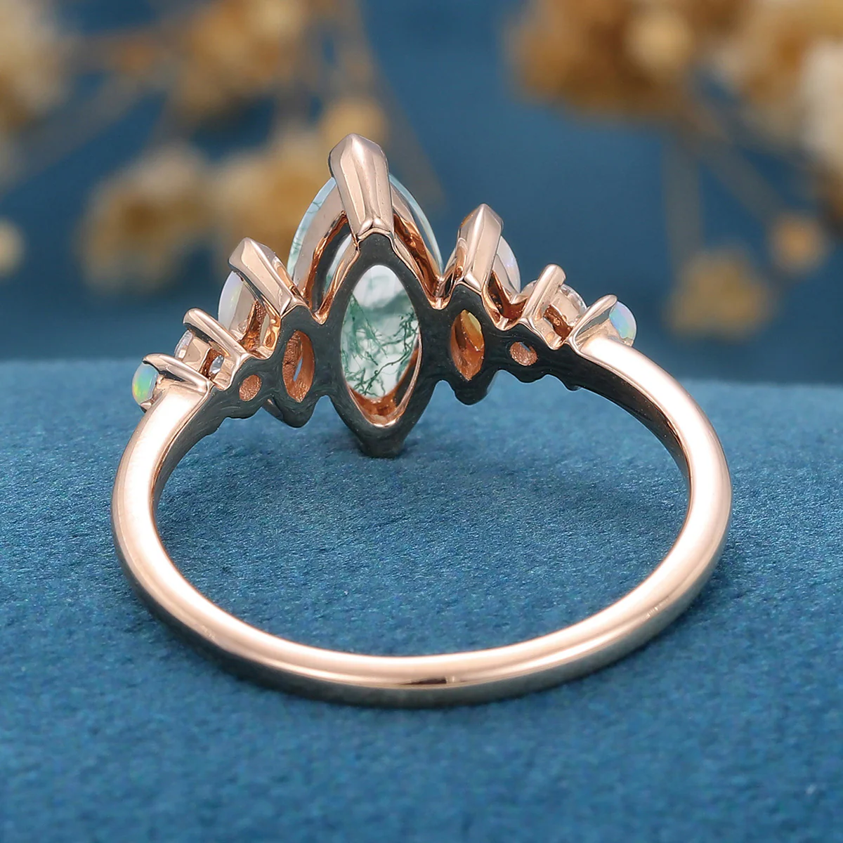 Marquise Cut Natural Moss Agate  Cluster Engagement ring - Image 7