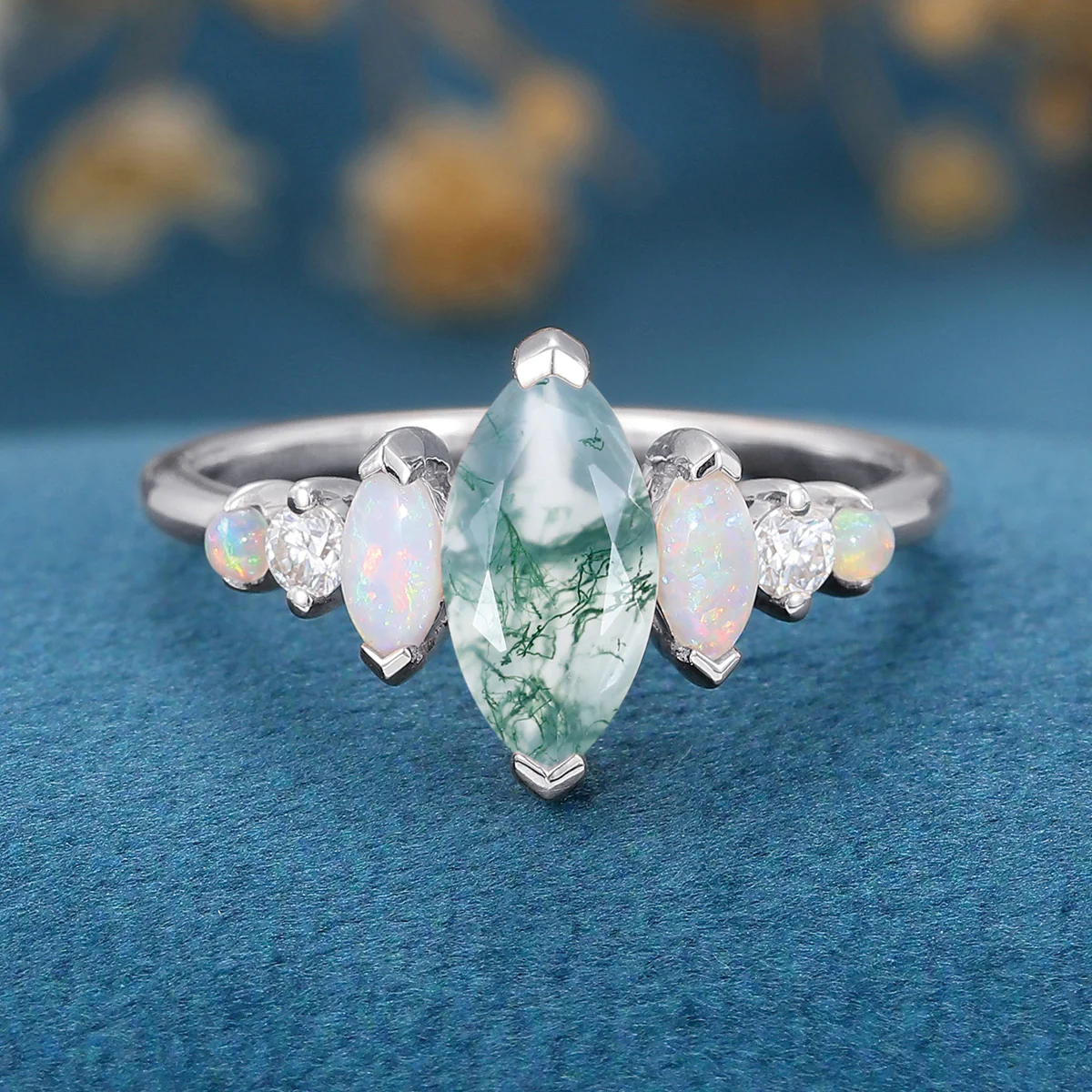Marquise Cut Natural Moss Agate  Cluster Engagement ring - Image 9