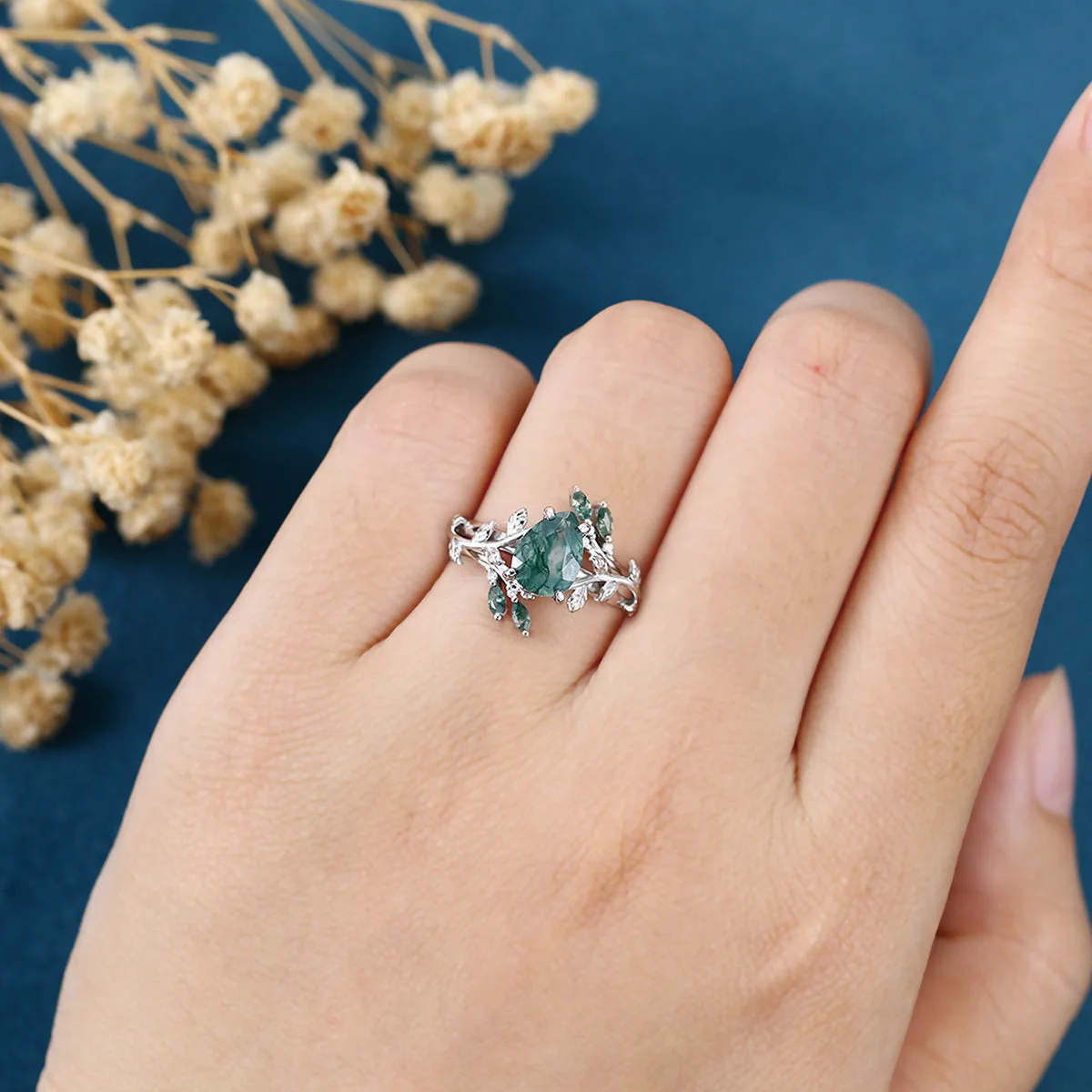 Nature Inspired 1.2Carat Pear cut Moss Agate Leaf Rose Gold Wedding Bridal Set - Image 2