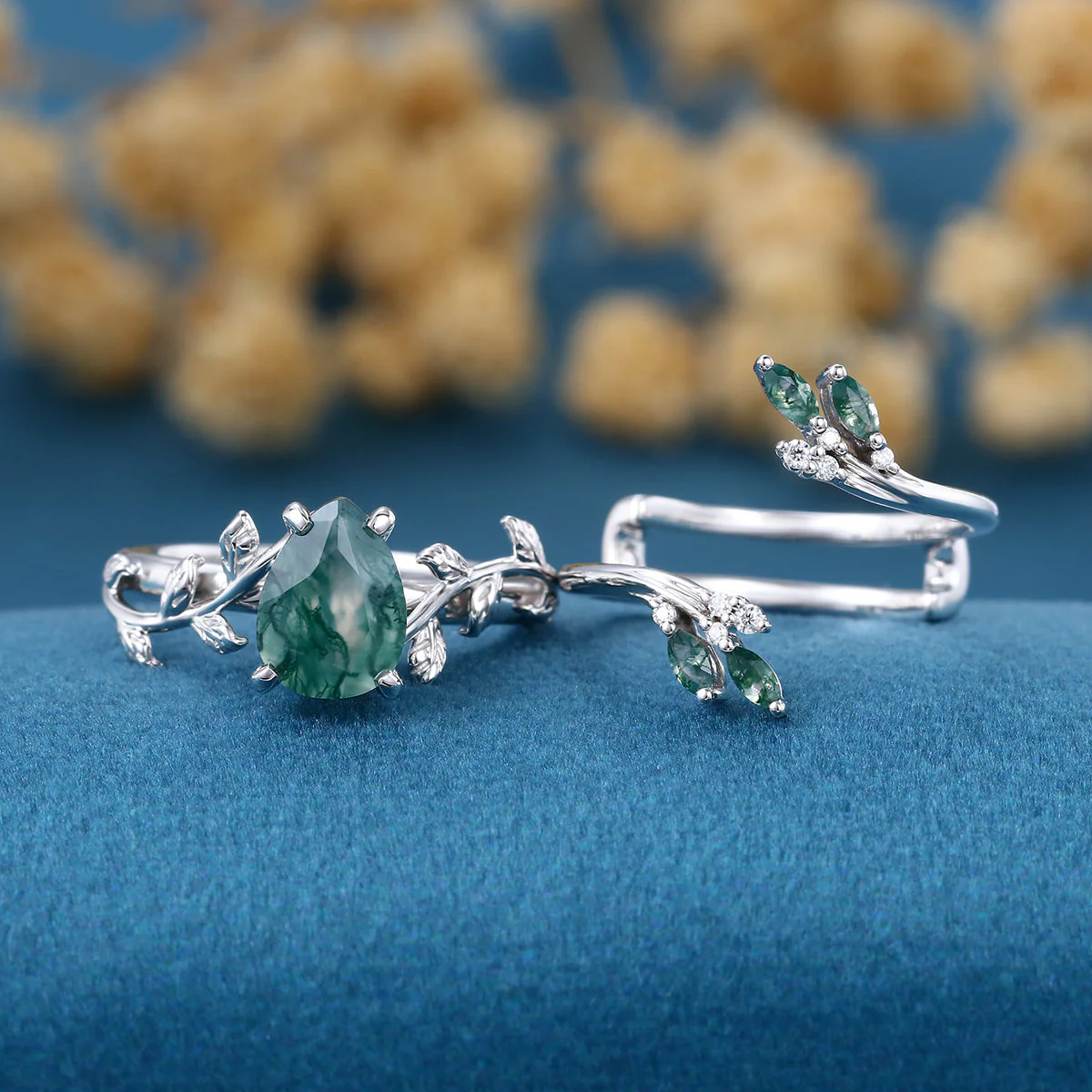 Nature Inspired 1.2Carat Pear cut Moss Agate Leaf Rose Gold Wedding Bridal Set - Image 3