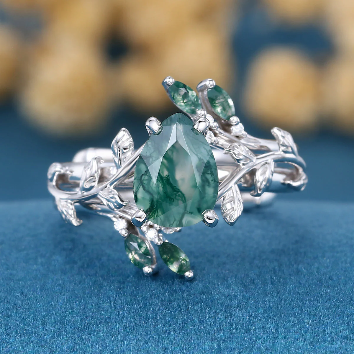 Nature Inspired 1.2Carat Pear cut Moss Agate Leaf Rose Gold Wedding Bridal Set - Image 4