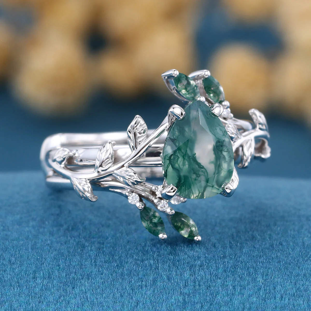 Nature Inspired 1.2Carat Pear cut Moss Agate Leaf Rose Gold Wedding Bridal Set - Image 5