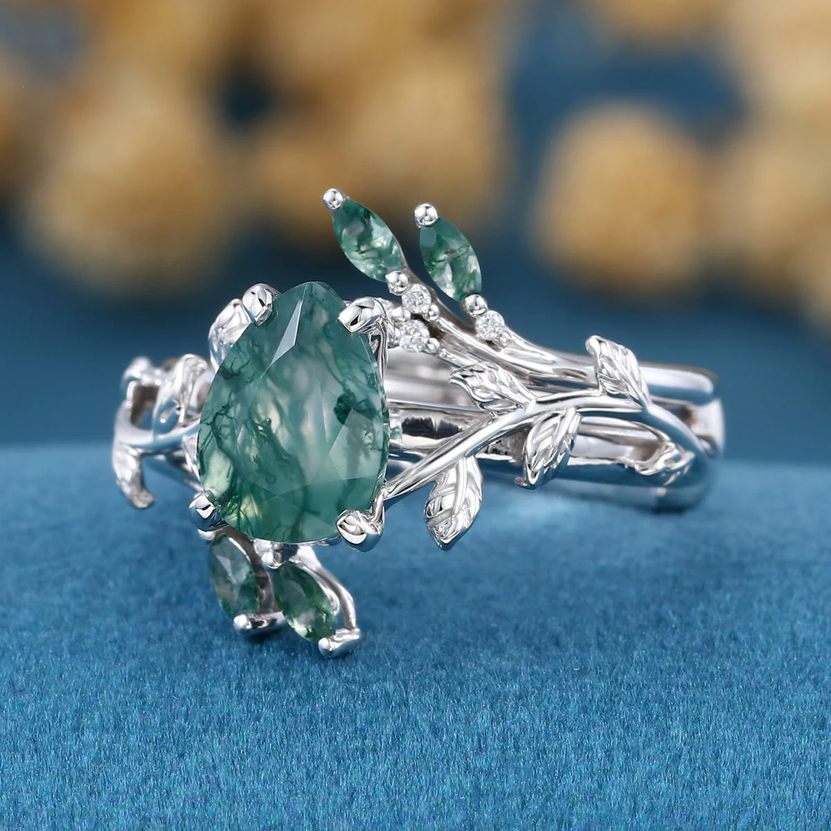 Nature Inspired 1.2Carat Pear cut Moss Agate Leaf Rose Gold Wedding Bridal Set - Image 6