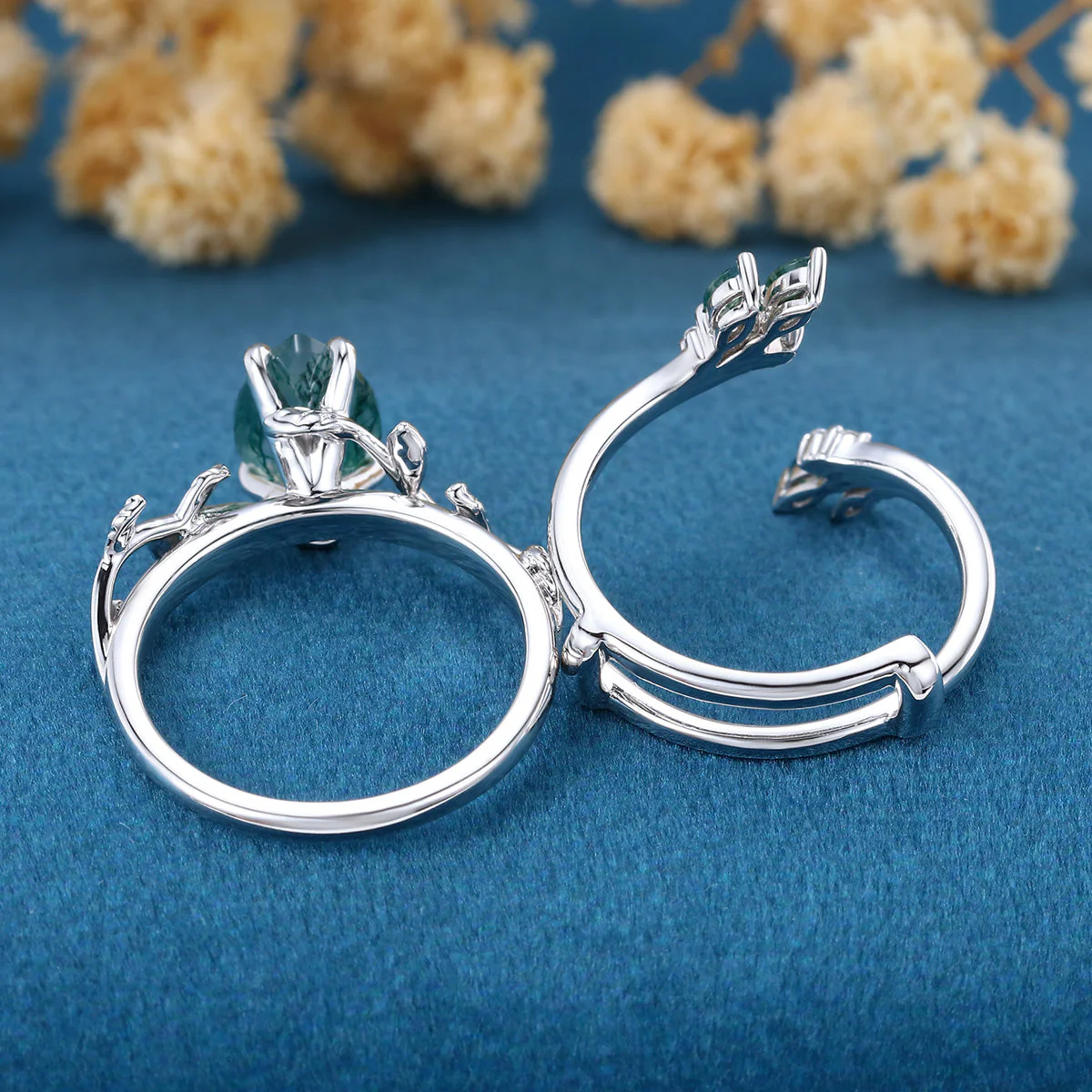Nature Inspired 1.2Carat Pear cut Moss Agate Leaf Rose Gold Wedding Bridal Set - Image 7