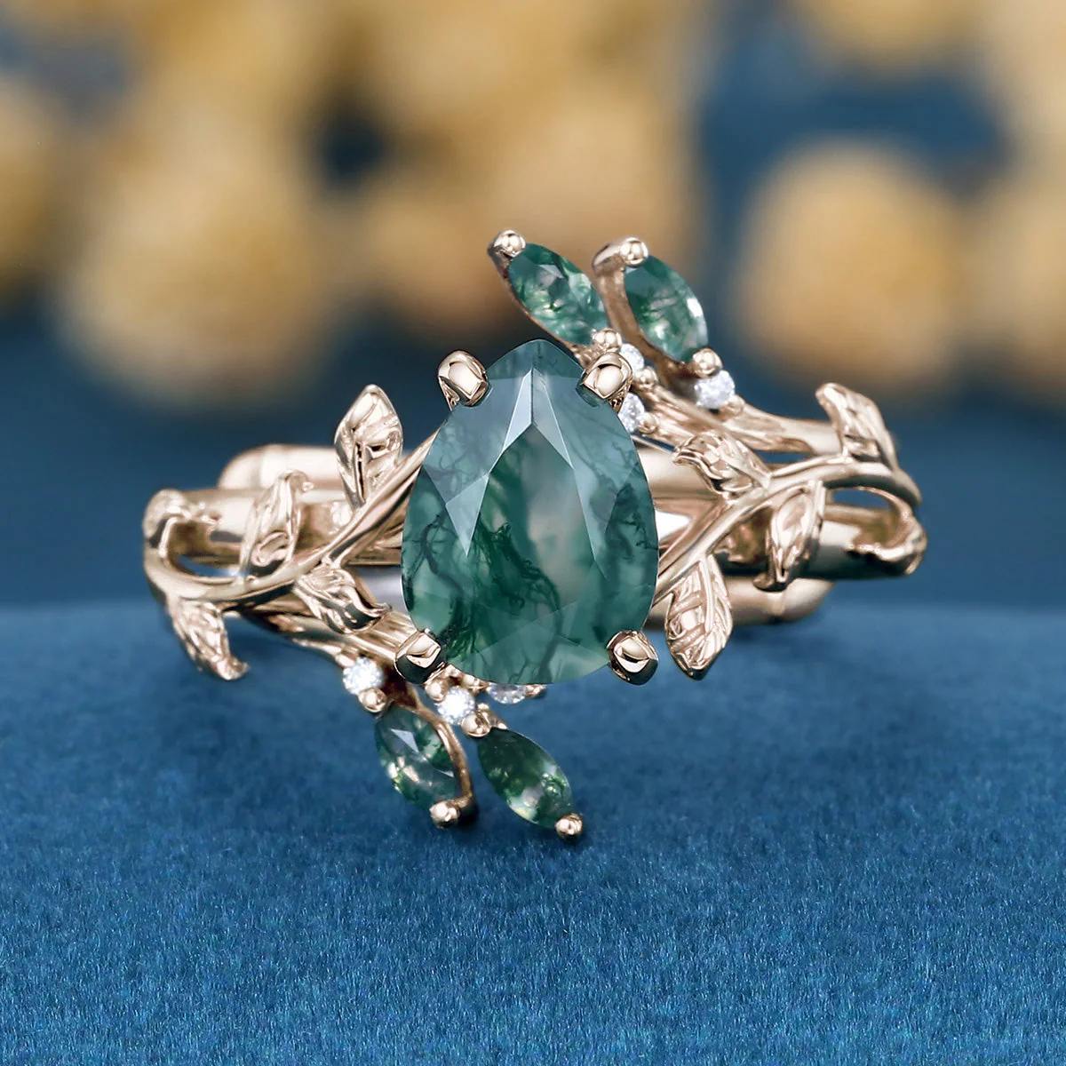 Nature Inspired 1.2Carat Pear cut Moss Agate Leaf Rose Gold Wedding Bridal Set - Image 8