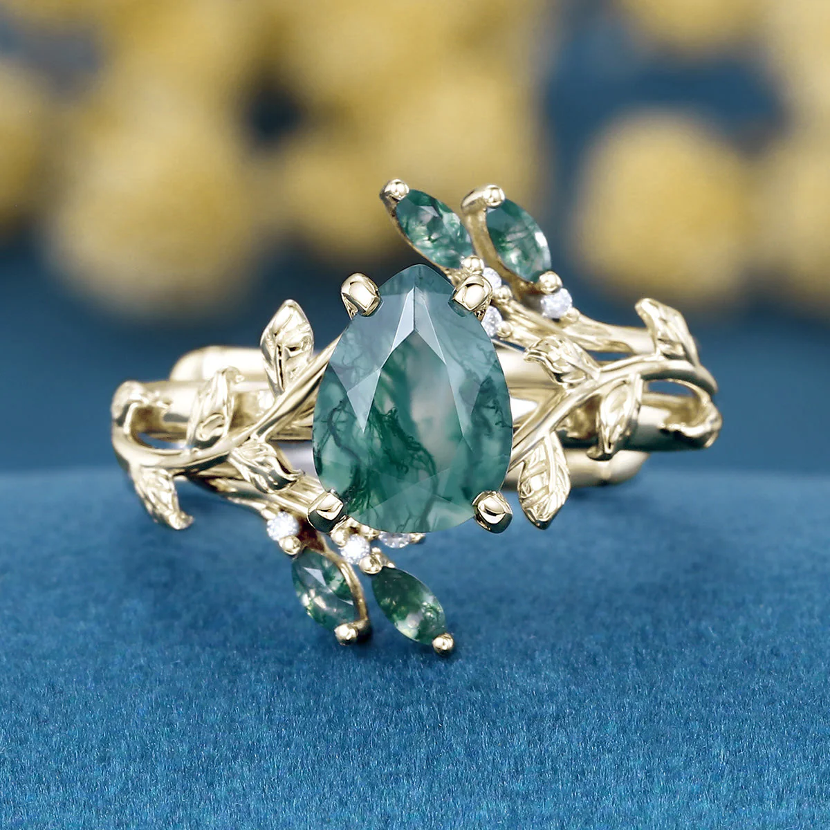 Nature Inspired 1.2Carat Pear cut Moss Agate Leaf Rose Gold Wedding Bridal Set - Image 9