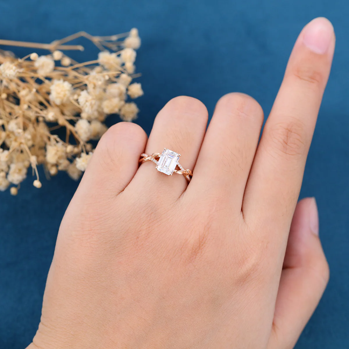 Nature Inspired Emerald cut Moissanite Leaf Gold Engagement Ring - Image 2