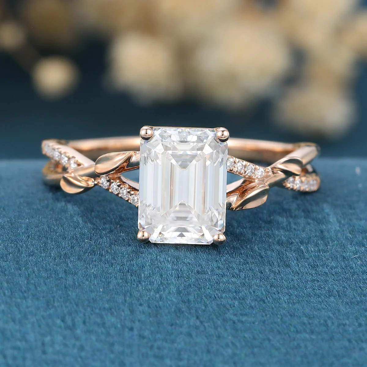 Nature Inspired Emerald cut Moissanite Leaf Gold Engagement Ring - Image 3