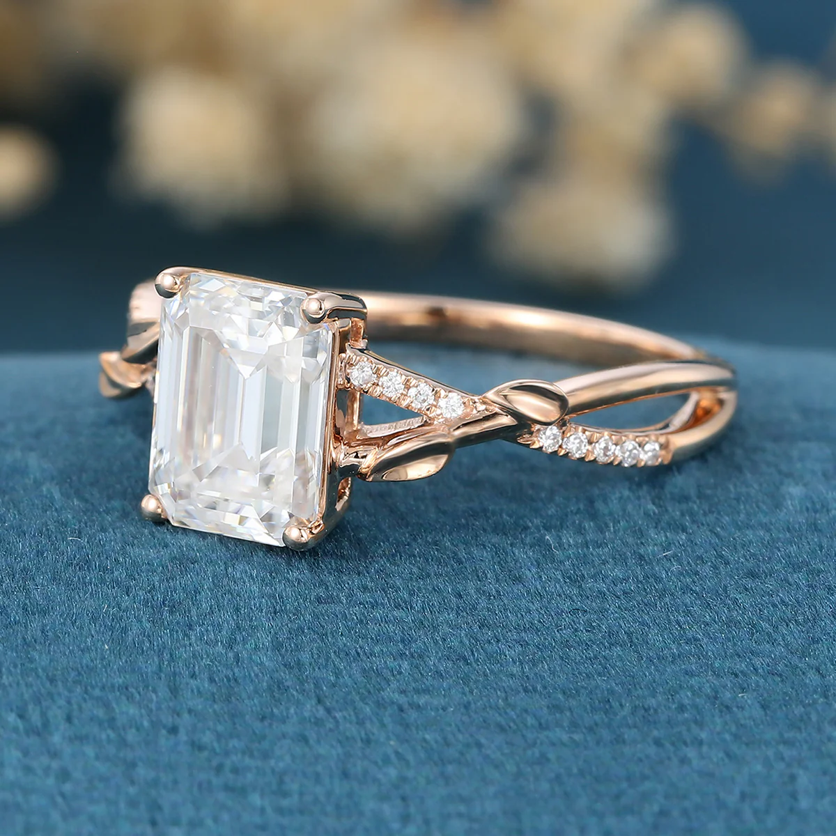Nature Inspired Emerald cut Moissanite Leaf Gold Engagement Ring - Image 6